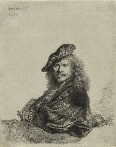 Self-portrait leaning on a Sill 1639 Etching - Rembrandt van Rijn - Framed Prints