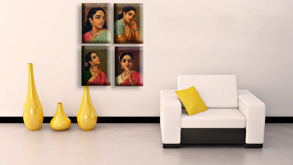 Set Of 4 Raja Ravi Varma Portrait Paintings - Premium Quality Gallery Wrapped On Canvas (18 x 24 inches)