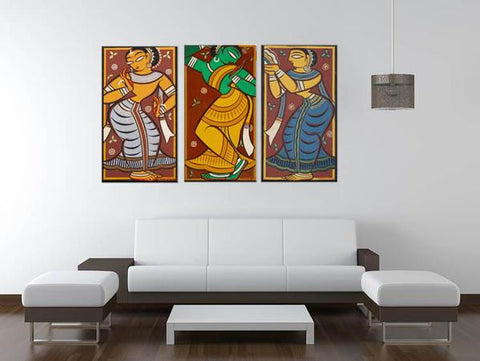 Set Of 3 Jamini Roy Paintings - Gopini - Gallery Wrapped Art Print (10 x 18 inches each) by Jamini Roy