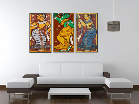 Set Of 3 Jamini Roy Paintings - Gopini - Gallery Wrapped Art Print
