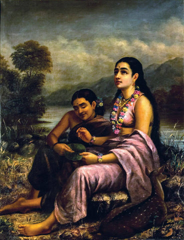 Shakuntala Pathralekhan (Sakuntala Writing Love Letter For King Dushyant) - Raja Ravi Varma Painting by Raja Ravi Varma