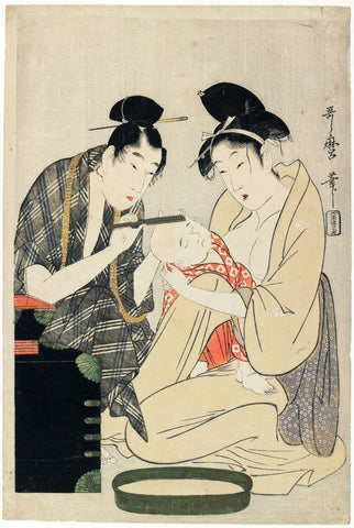 Shaving a Boy's Head - Kitagawa Utamaro - Japanese Edo period Ukiyo-e Woodblock Print Art Painting - Framed Prints