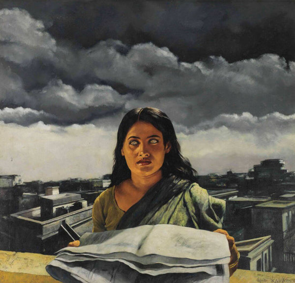 She (With The Newspaper) - Bikas Bhattacharji - Indian Contemporary Art Painting - Canvas Prints