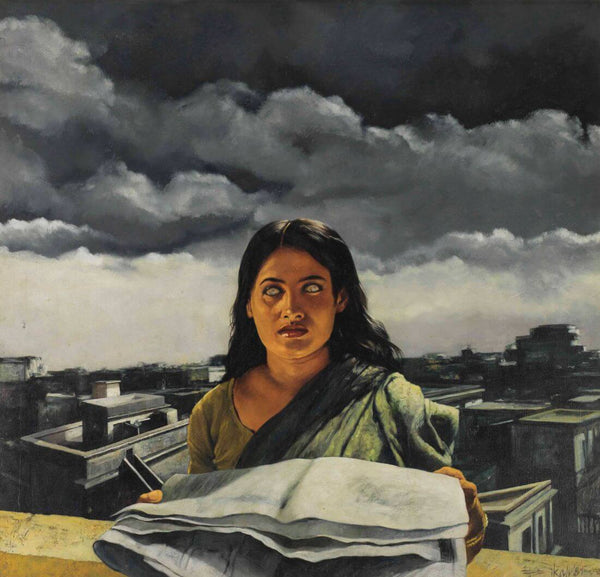 She (With The Newspaper) - Bikas Bhattacharji - Indian Contemporary Art Painting - Life Size Posters
