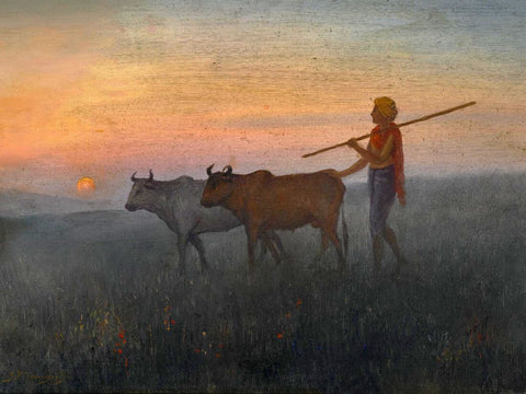 Shepherd With Cows - Jamini Prakash Gangooly - Bengal School Indian Art Painting - Posters
