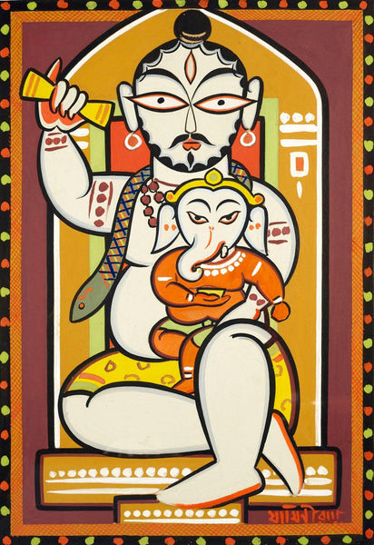Shiva And Ganesha - Jamini Roy - Bengal Art Painting - Large Art Prints