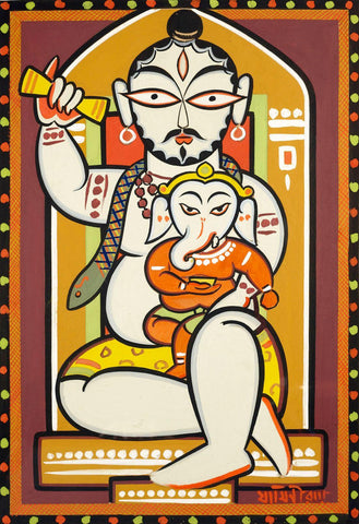 Shiva And Ganesha - Jamini Roy - Bengal Art Painting - Canvas Prints