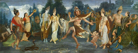 Shiva Twilight Dance - Ananda Tandav With Hindu Pantheon - M V Dhurandhar - Indian Masterpiece Painting - Large Art Prints by M. V. Dhurandhar