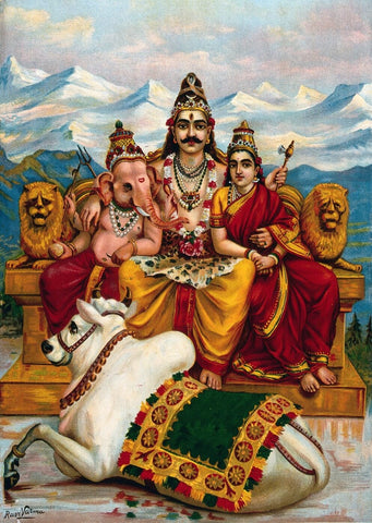 Shiva Parvati and Ganesha on Mount Kailas with Nandi - Raja Ravi Varma - Posters by Raja Ravi Varma