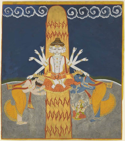 Shiva Purana - Shiva Manifesting within a Linga of Flames Worshipped by Brahma and Vishnu - Bulaki - Vintage Indian Miniature Marwar Painting - Canvas Prints