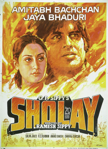 Sholay - Bollywood Cult Amitabh Bachchan Classic Hindi Movie Poster - Posters by Tallenge Store