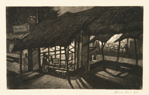 Shop At Night - Haren Das - Bengal School Art Woodcut Painting - Life Size Posters