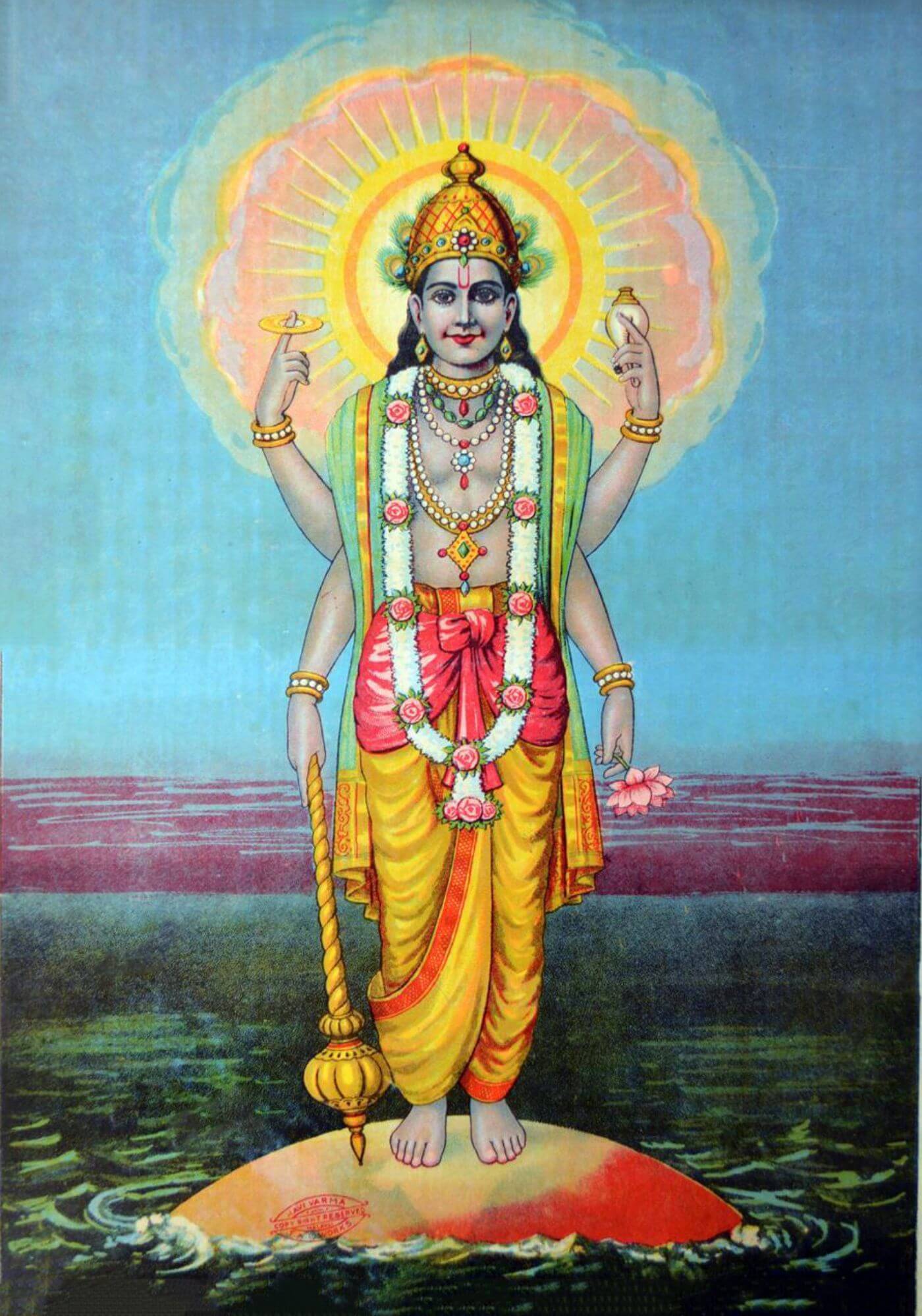 Shree Vishnu - Raja Ravi Varma Press Oleograph Print - Vintage Indian ...
