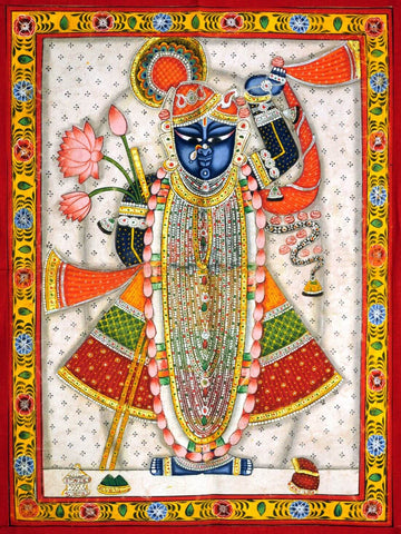 Shrinath Ji Rajbhog Swaroop - Pichwai Painting - Large Art Prints by Krishna Pichwai