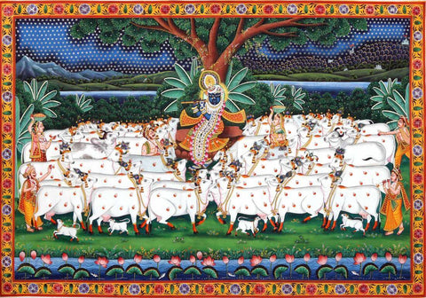 Shrinathji Gopashthami - Pichvai Nathdwara Krishna Painting - Life Size Posters by Tallenge