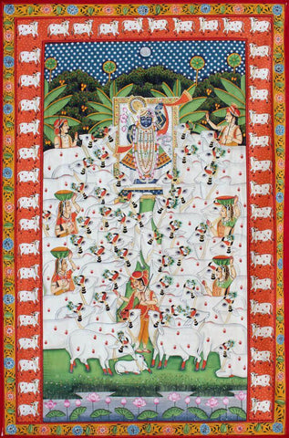 Shrinathji Gopashthami - Pichwai Nathdwara Krishna Painting - Large Art Prints by Tallenge