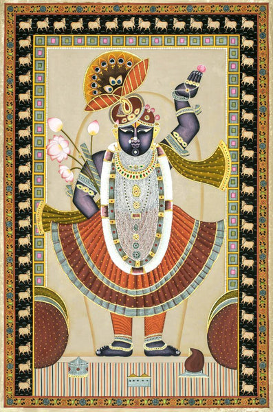 Shrinathji Pichvai (Nathdwara) - Vintage Indian Kirshna Art Painting - Art Prints