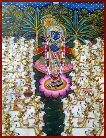 Shrinathji With Cows -  Krishna Pichwai Painting - Life Size Posters