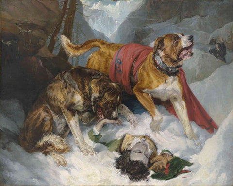 Alpine Mastiffs Reanimating a Distressed Traveller - Sir Edwin Henry Landseer - Animalier Painting by Sir Edwin Henry Landseer