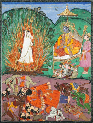 Sitas Fire Ordeal - Punjab School 19th Century - Vintage Indian Ramayan Painting - Framed Prints by Raghuraman