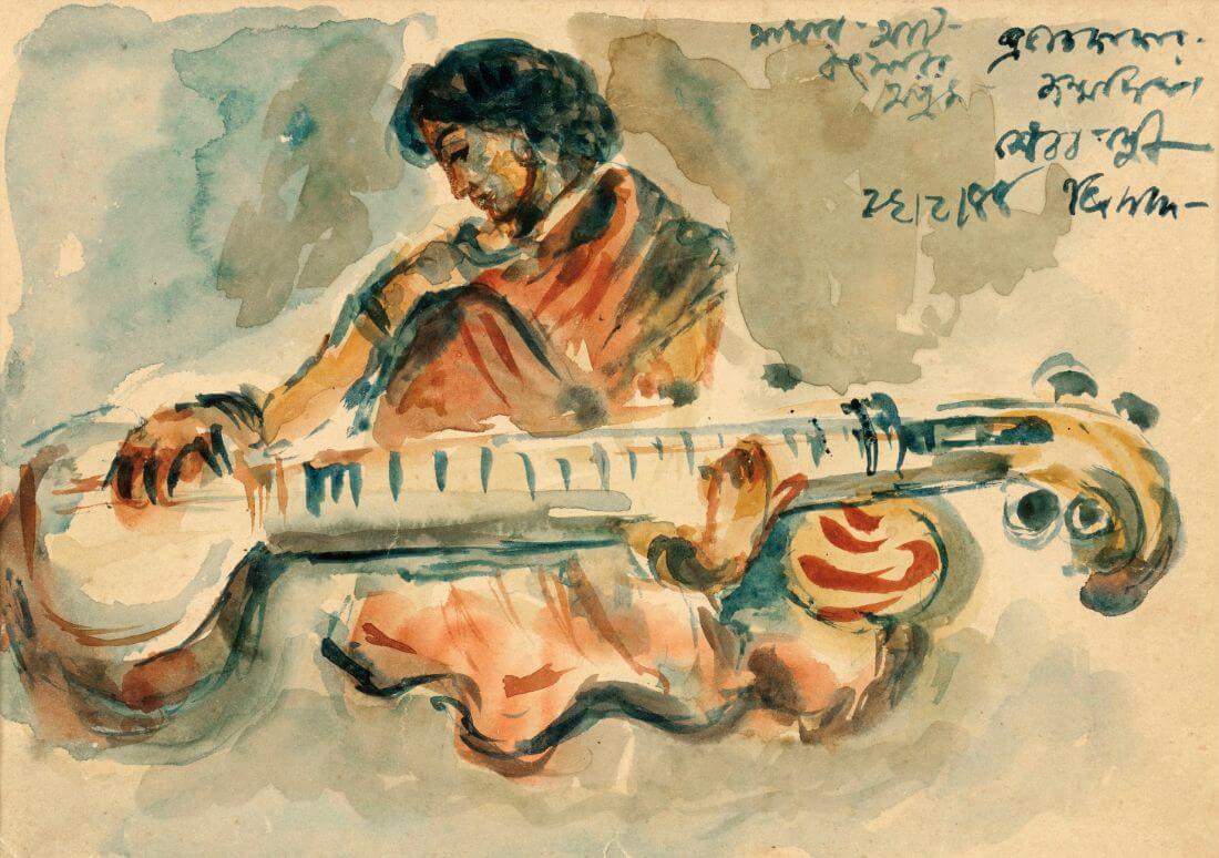Sitar Player Benode Behari Mukherjee Bengal School Art Painting by