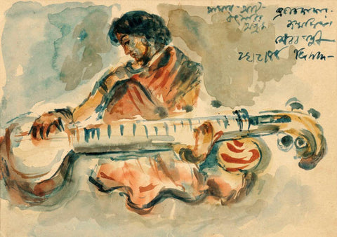 Sitar Player -  Benode Behari Mukherjee - Bengal School Art Painting by Benode Behari Mukherjee
