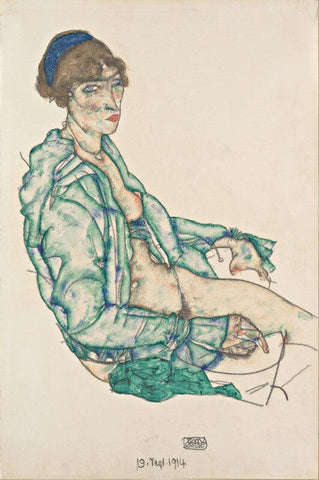 Egon Schiele - Sitzender Halbakt Mit Blauem Haarband (Sitting Semi-Nude With Blue Hairband) by Egon Schiele