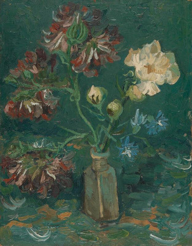 Small Bottle with Peonies and Blue Delphiniums - Large Art Prints by Vincent Van Gogh