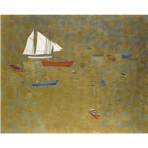 Boats On Golden Waters (Boote Auf Goldenem Wasser) - Spyros Vassiliou - Framed Prints