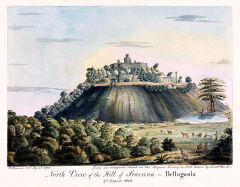 Sravanabelagola - Jain Pilgrimage Site - With Gommateshwara Statue - Benjamin Swain Ward c 1806 - Vintage Orientalist Painting of India by Benjamin Swain Ward