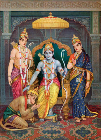 Sree Raghunandan - Ram Laxman Sita and Hanuman - Art by M V Dhurandar - Raja Ravi Varma Press Vintage Printed Oleograph Poster by M. V. Dhurandhar
