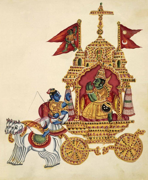 Sri Krishna Gita Upadesh to Arjun - c1830 - Vintage Indian Art Mahabharat Painting - Art Prints