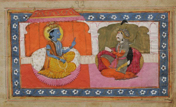 Sri Krishna preaching Gita Upadesh to Arjun - Kashmir School - c1875 Vintage Indian Miniature Painting - Life Size Posters