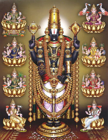 Sri Tirupati Venkateswara Swamy (Balaji) With Ashtha Lakshmi Painting - Framed Prints