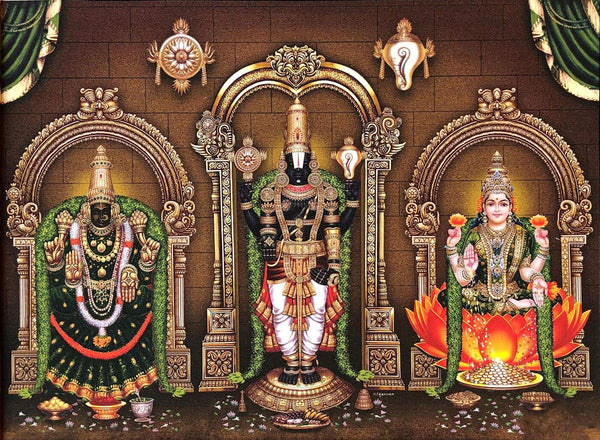 Sri Tirupati Venkateswara Swamy (Balaji) With Padmavathi And Lakshmi Devi - Framed Prints