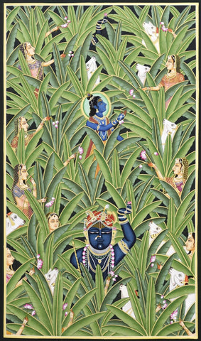 Srinathji Krishna In The Garden - Contemporary Pichwai Painting - Framed Prints