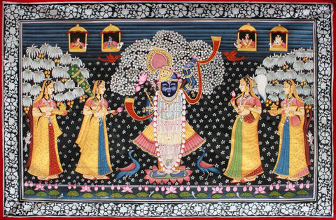 Srinathji Krishna With Gopis - Pichwai Art Painting - Life Size Posters by Pichwai Art