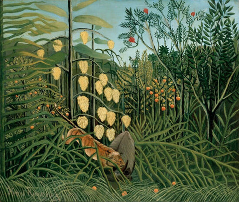 Struggle Between Tiger And Bull In A Tropical Forest - Henri Rousseau Painting - Framed Prints