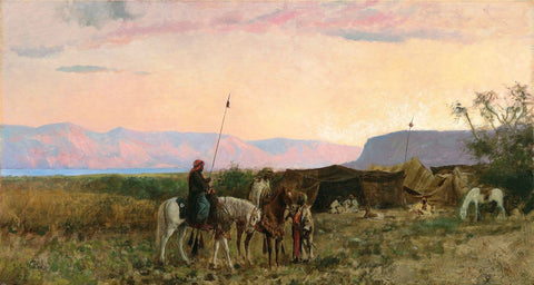 Sunset At Bedaween Encampment Near The Dead Sea - Edwin Lord Weeks - Vintage Orientalist Painting - Posters by Edwin Lord Weeks