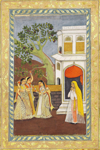 Three Young Ladies Enjoying A Drink - Mir Kalan Khan - Mughal Miniature Indian Painting Circa 1750 by Tallenge Store