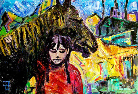 Contemporary Art Oil Painting - Young girl With Horse by Aditi Musunur