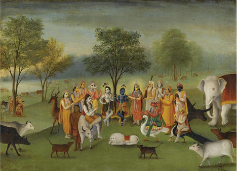 Krishna and Balaram with other Gods - Art Prints