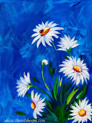 Oil Painting - White Flowers with Blue Background by Sam Mitchell