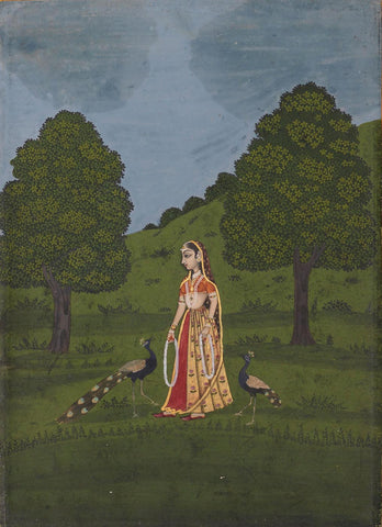 Indian Art - Rajput Painting - Lady With Peacocks - Large Art Prints