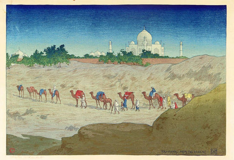 Taj Mahal From The Desert - Charles W Bartlett - Vintage Orientalist Woodblock India Painting - Posters by Charles Bartlett