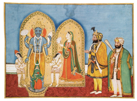 Indian Art Collection - Maharaja Gulab Singh of Jammu with a Sardar before a Vishnu Shrine - Large Art Prints by Kritanta Vala