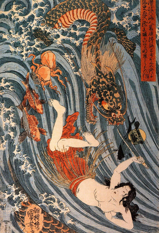 Tamatori Being Pursued By A Dragon - Utagawa Kuniyoshi - Japanese Masters Painting - Framed Prints by Utagawa Kuniyoshi