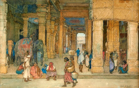 Temple In Madurai - Charles W Bartlett - Vintage 1916 Orientalist Woodblock India Painting by Charles Bartlett
