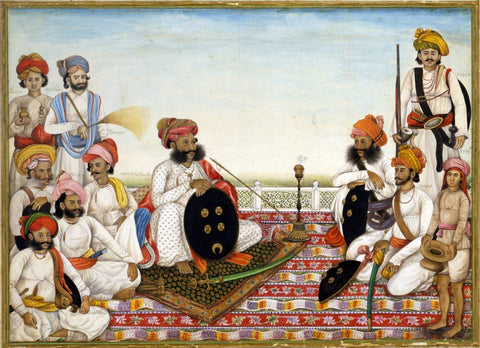 Indian Miniature Paintings - Thakur Dawlat Singh Among Courtiers - Framed Prints by Ghulam Ali Khan