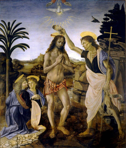 The Baptism of Christ (Il Battesimo di Cristo) – Andrea del Verrocchio and Leonardo da Vinci – Christian Art Painting by Christian Artworks